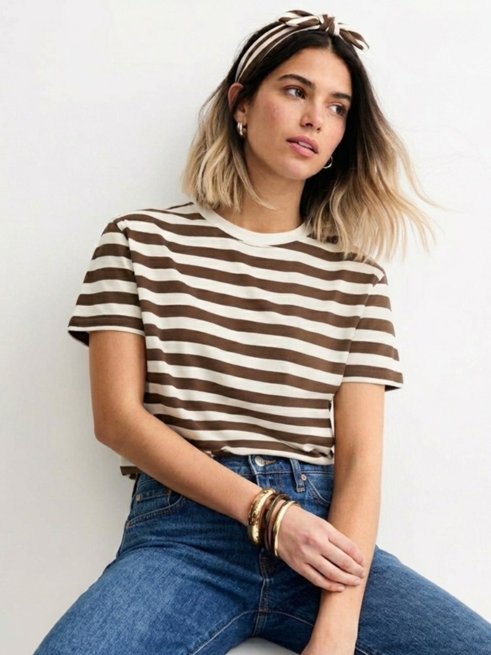 MADEWELL Preppy Lady Crew Neck T Shirt Striped Dark Olive White Sz Medium Top